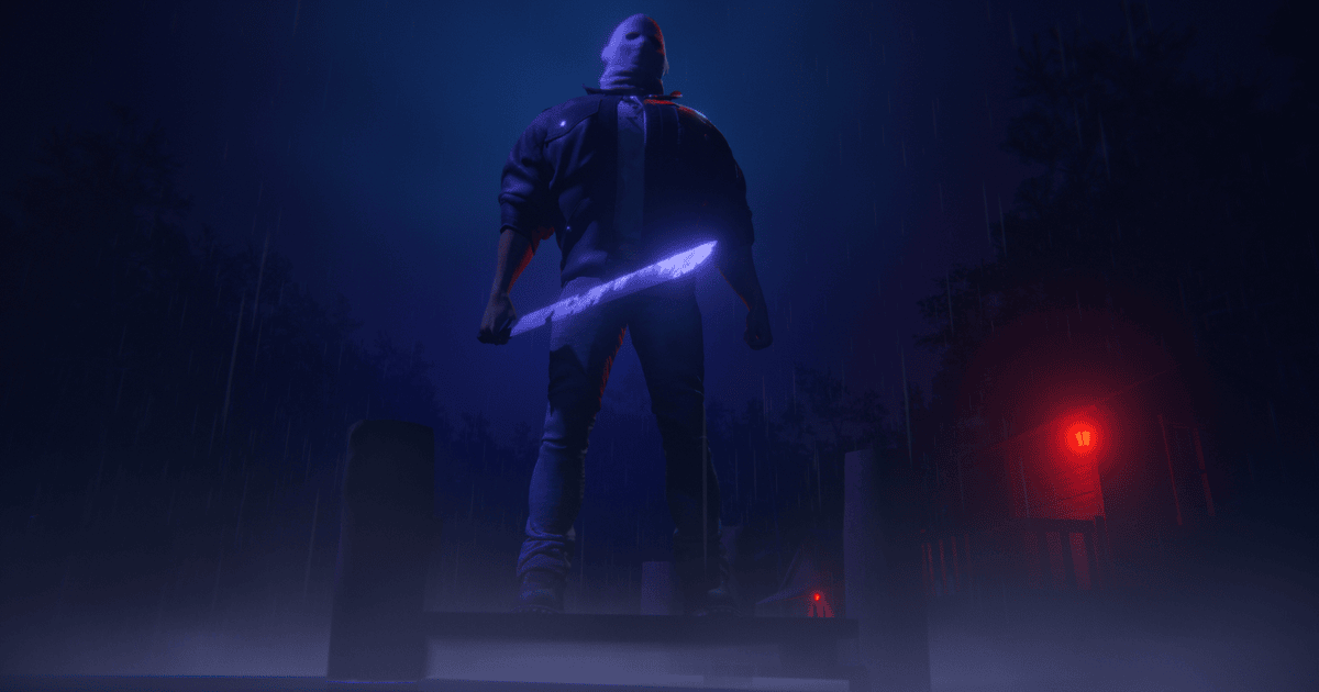 Il killer mascherato con il machete di Yellowcreek Stories the cabin watcher sotto la pioggia - nerdface