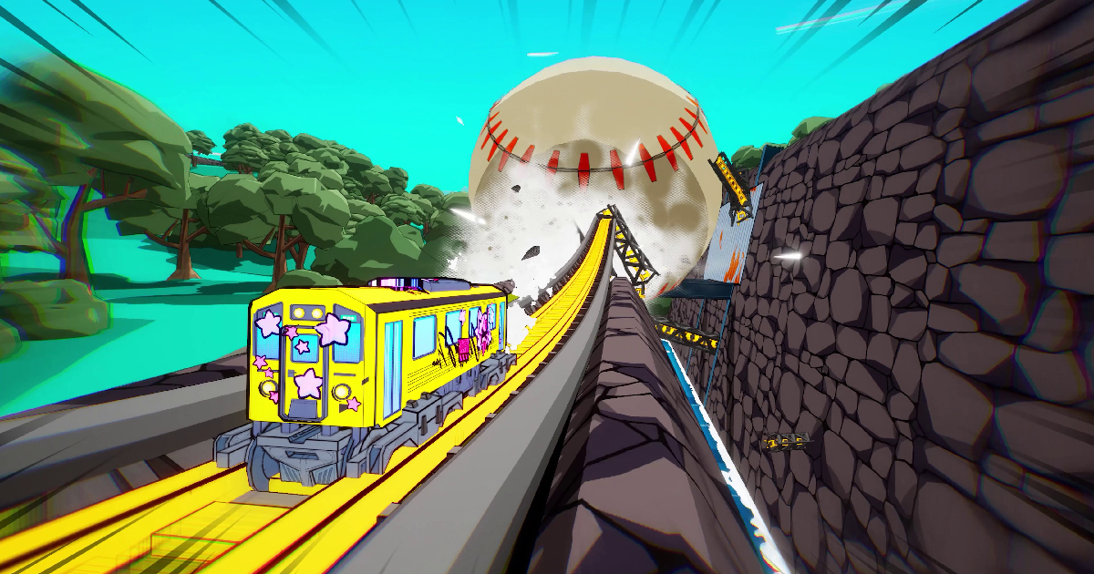 il treno è inseguito da un'enorme pallina da baseball in denshattack! - nerdface