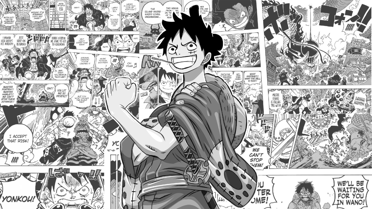 luffy stringe il pugno in una tavola ricca di personaggi di one piece - nerdface