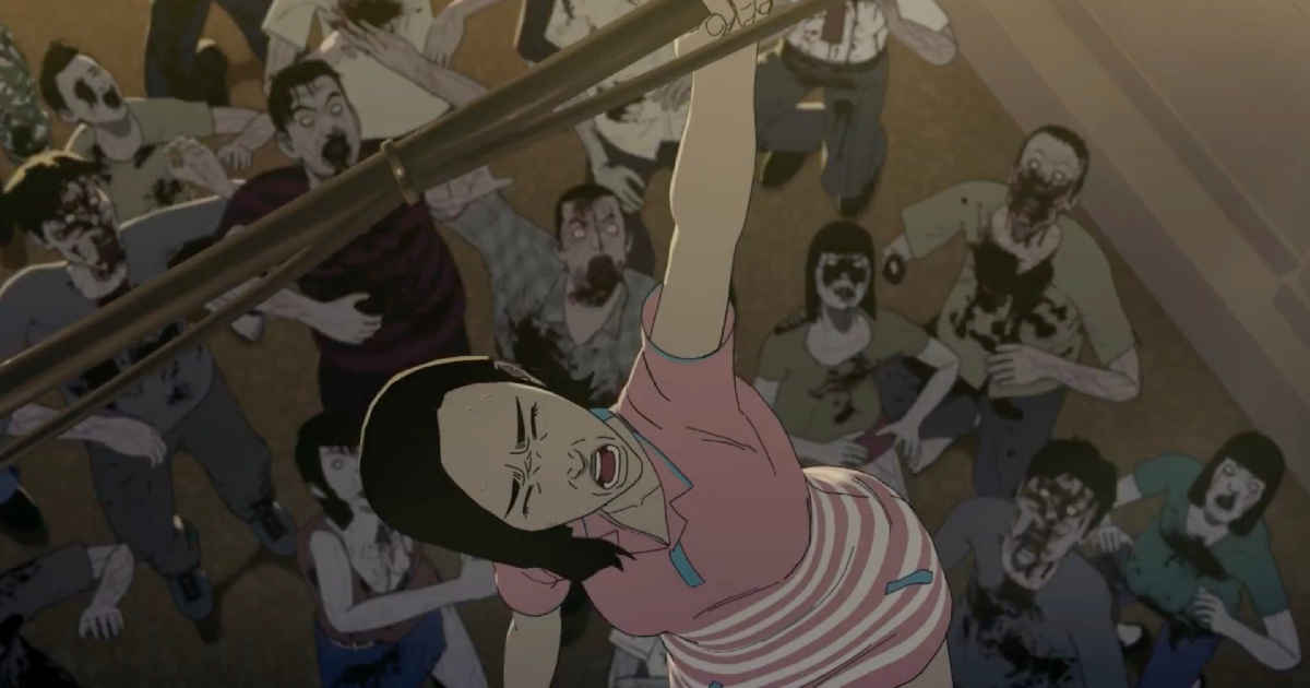 una donna appesa a una trave nell'anime seoul station il prequel di train to busan - nerdface
