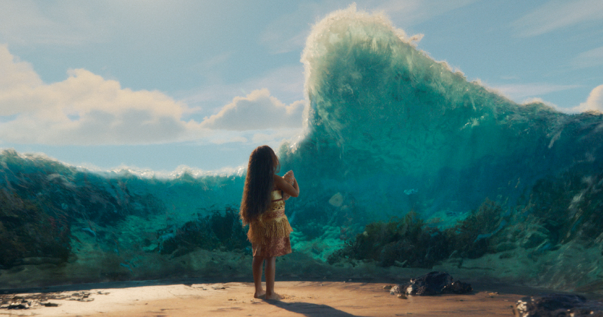la piccola vaiana osserva l'onda del mare in oceania - nerdface