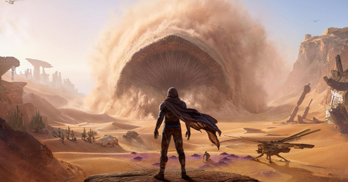Un guerriero davanti a un verme delle sabbie in Dune: awakening - nerdface
