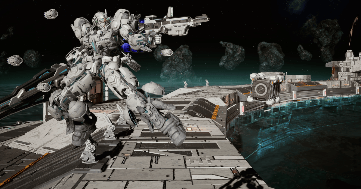 Un gundam in primo piano con la base spaziale alle spalle - nerdface