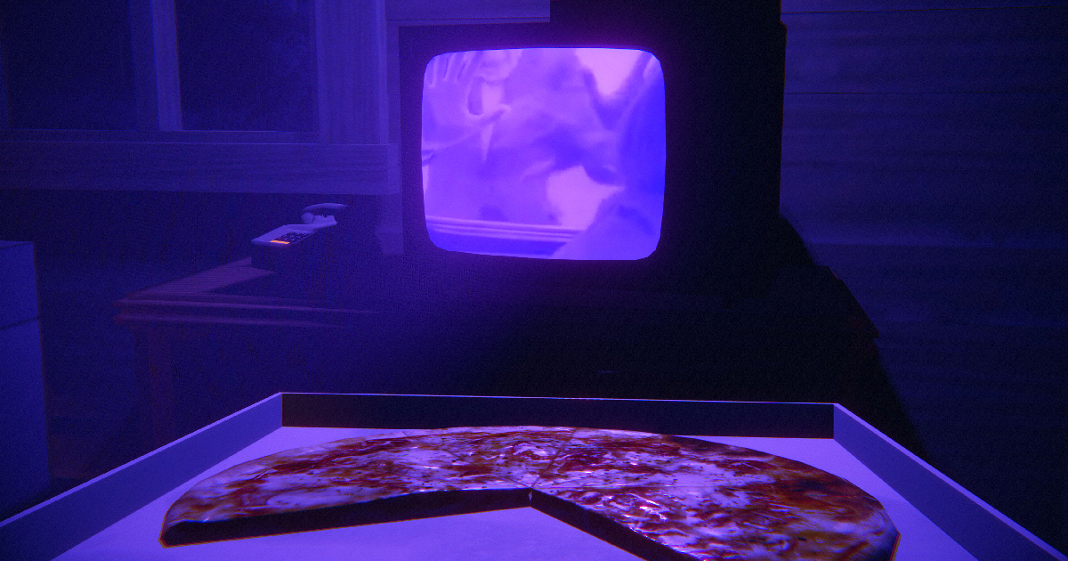 una tv accesa su una pizza mezza mangiata in yellowcreek stories - nerdface