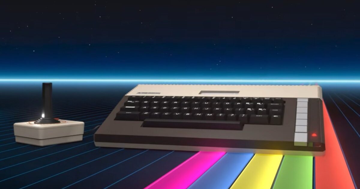 L’Atari 800XL e il suo joystick su una griglia neon anni ‘80 - nerdface