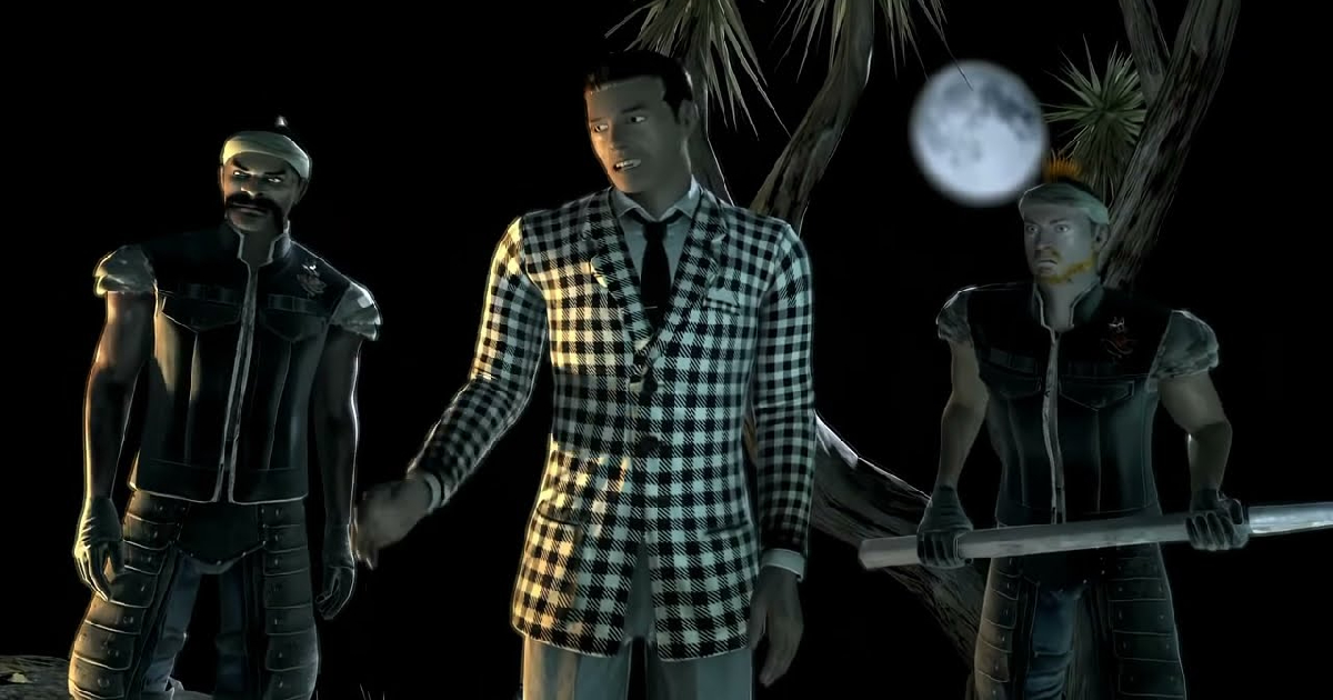 l'opening scene di fallout new vegas con l'uomo dalla giacca a scacchi pronto a spararci - nerdface
