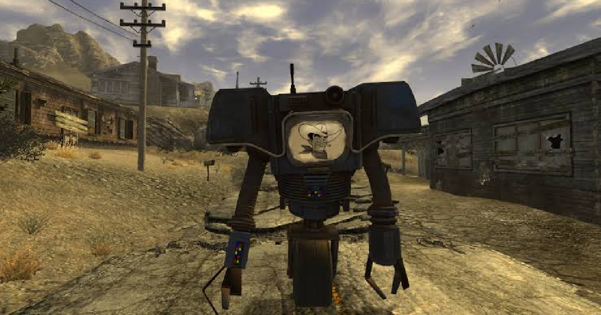 un robot con l'immagine da cowboy in fallout new vegas - nerdface