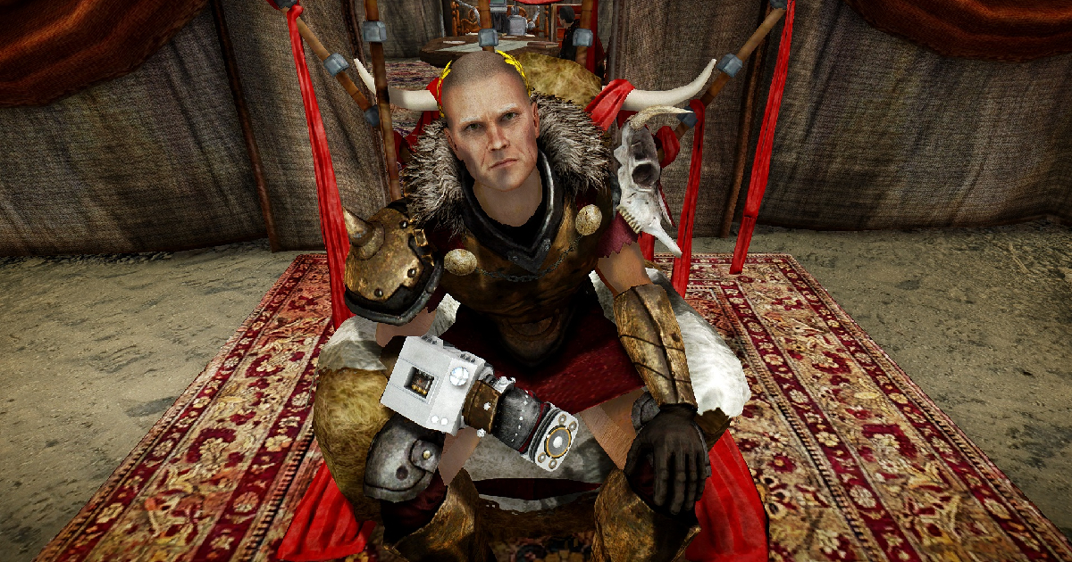 il leader caesar in fallout new vegas è seduto sul suo trono - nerdface