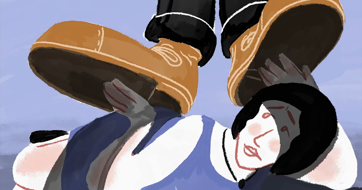 l'illustrazione di una donna calpestata da un uomo nel doc un giorno senza donne - nerdface