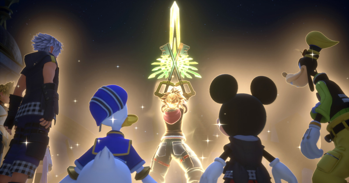 Sora alza due keyblade davanti a Paperino, Topolino e Pippo in Kingdom Hearts - nerdface